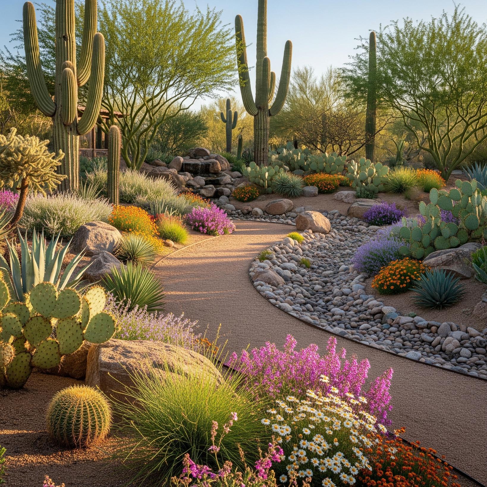 An Arizona garden with a decomposed granite path.