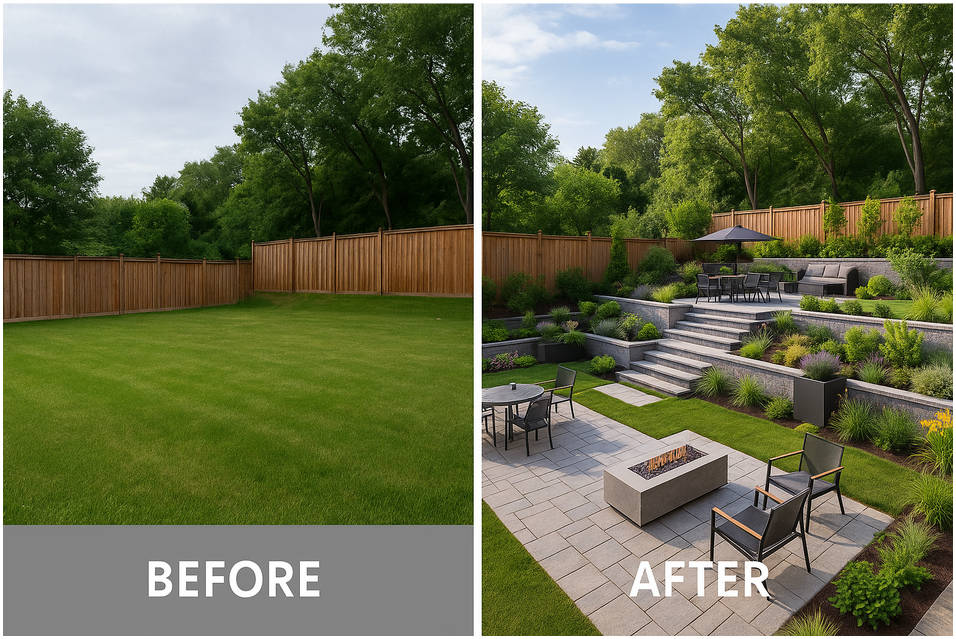Before and after of a backyard showing a flat lawn transformed into a modern multi-level garden with terraces, planters, and seating areas under bright daylight.