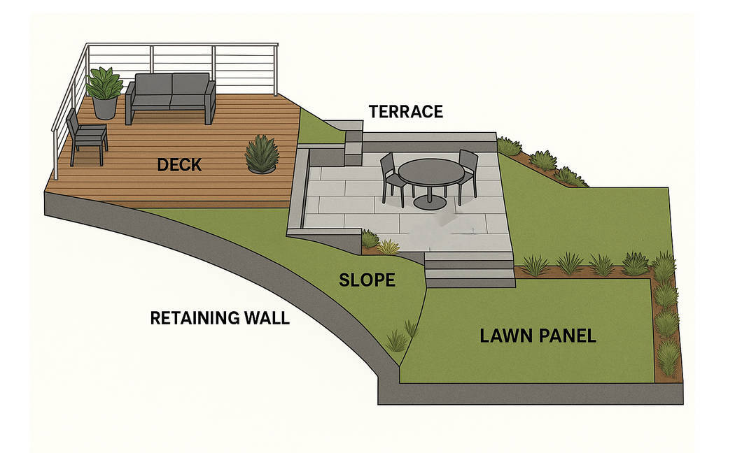 Simple 3D-style diagram of a modern multi-level backyard with labeled areas showing a wooden deck furnished with chairs and plants, a terrace connected by stairs, one retaining wall, a gentle slope, and a green lawn area.