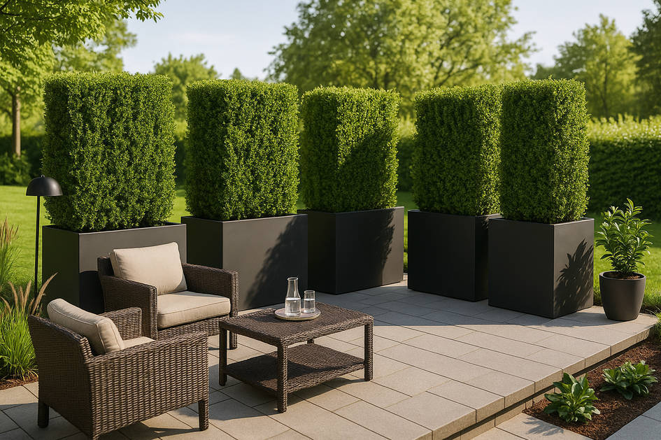 Outdoor patio with tall planters used for privacy and cascading greenery softening terrace stairs in a modern multi-level garden.