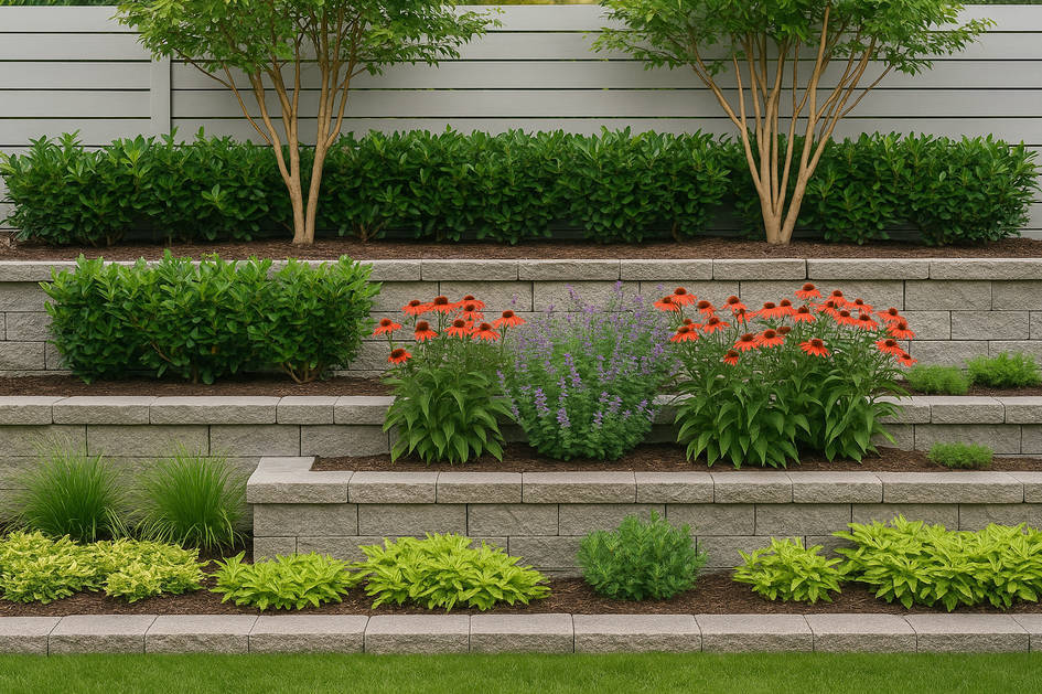 Tiered backyard garden with layered plants showing tall shrubs at the back, mid-sized flowering plants in the middle, and low groundcovers at the front for depth and texture.