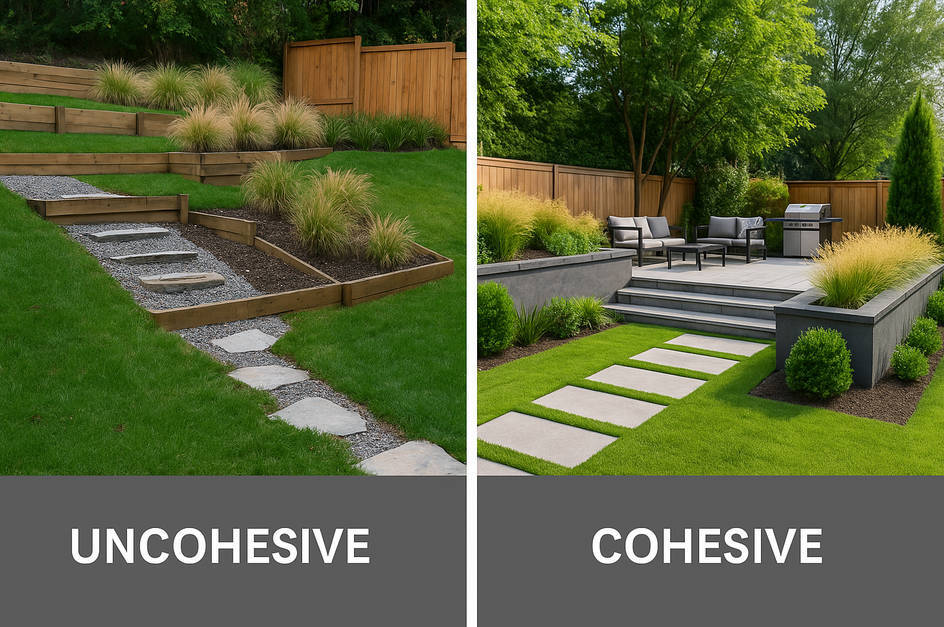 Side-by-side comparison of two multi-level backyards showing an uncohesive design with mismatched materials on the left and a cohesive modern landscape with consistent materials, plants, and lighting on the right.
