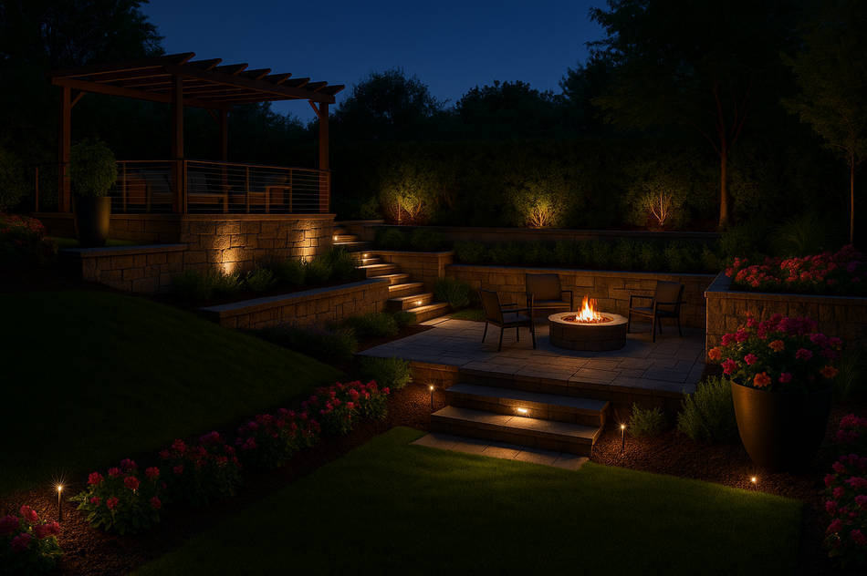 Nighttime view of a modern multi-level backyard with terraces, stairs, and retaining walls illuminated by warm lights, featuring a glowing fire pit and planters filled with colorful flowers for a cozy, inviting look.