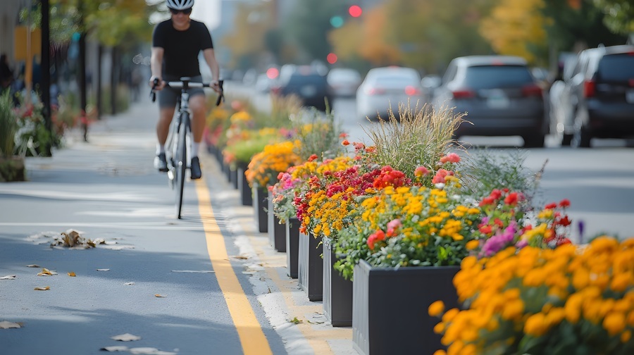 Planters with colorful flowers separating the street from the bike lane.