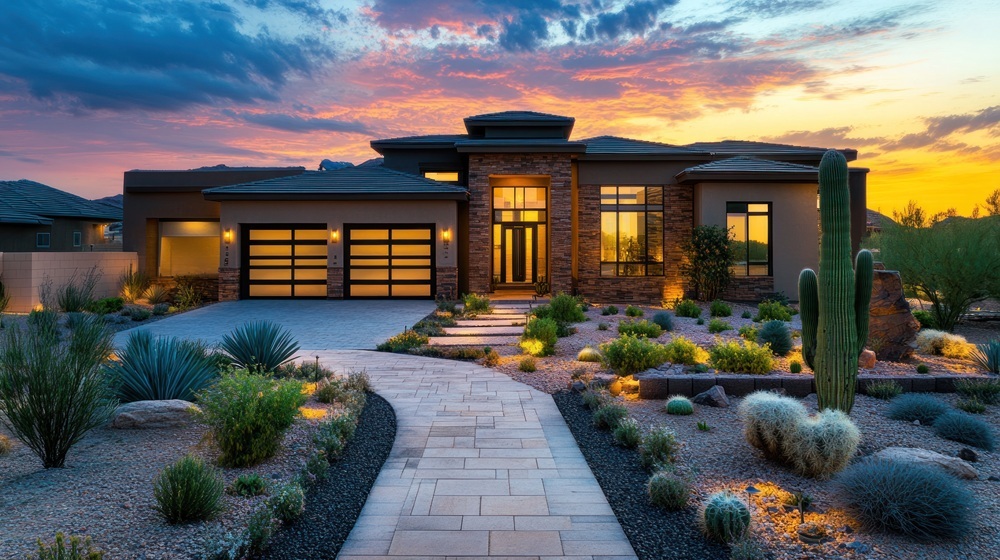 A stunning Arizona landscape featuring native plants during sunset. 