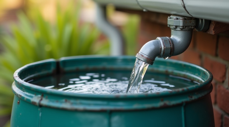 Water flows from a pipe into a green bucket, illustrating a simple water collection process.