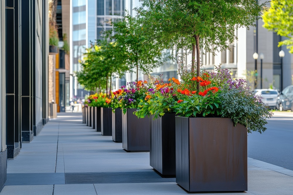 Sidewalk planters with colorful flowers separating the street and increasing public safety. 