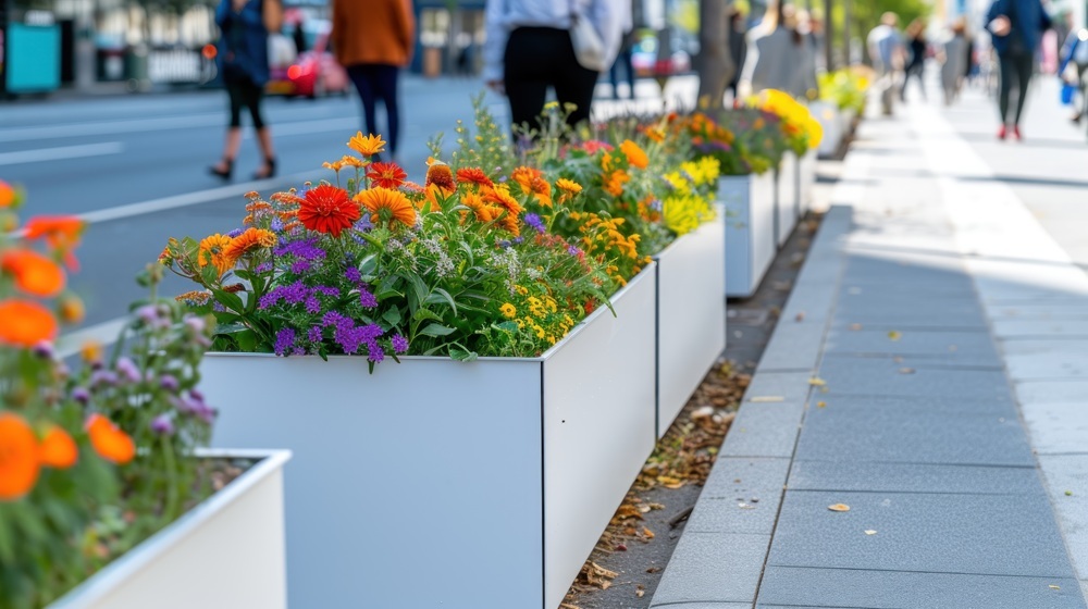 Planters placed strategically next to a curb to guide traffic and protect pedestrians.
