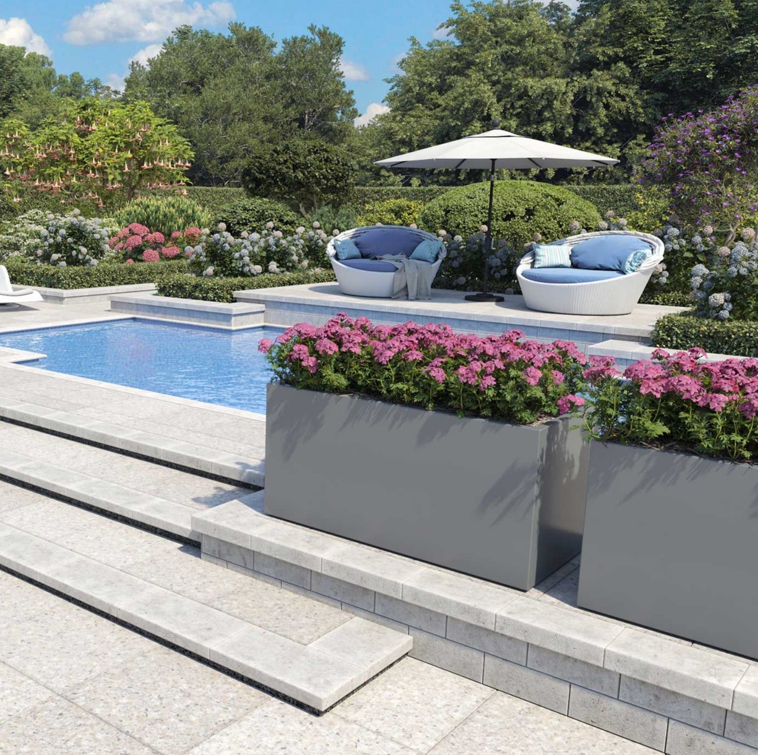 Architectural planters by the poolside