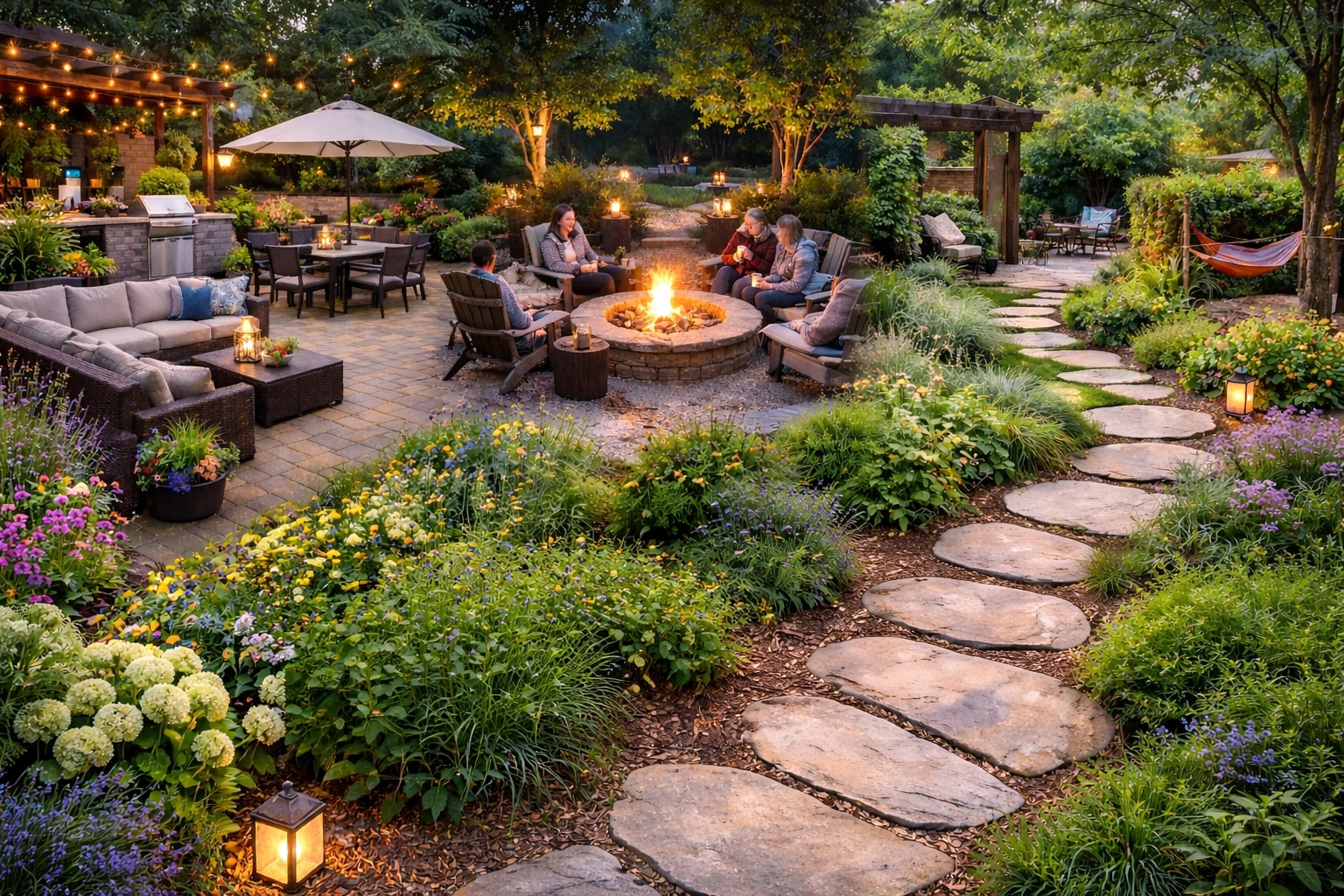Backyard garden and landscape design with patio, fire pit, and stone pathway surrounded by lush plants and flowers