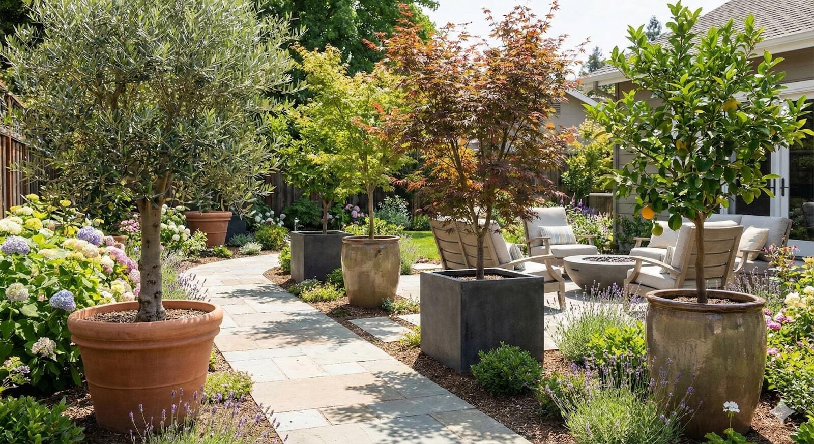 Landscaped backyard garden with a stone path, seating area, and varied large trees in stylish pots.
