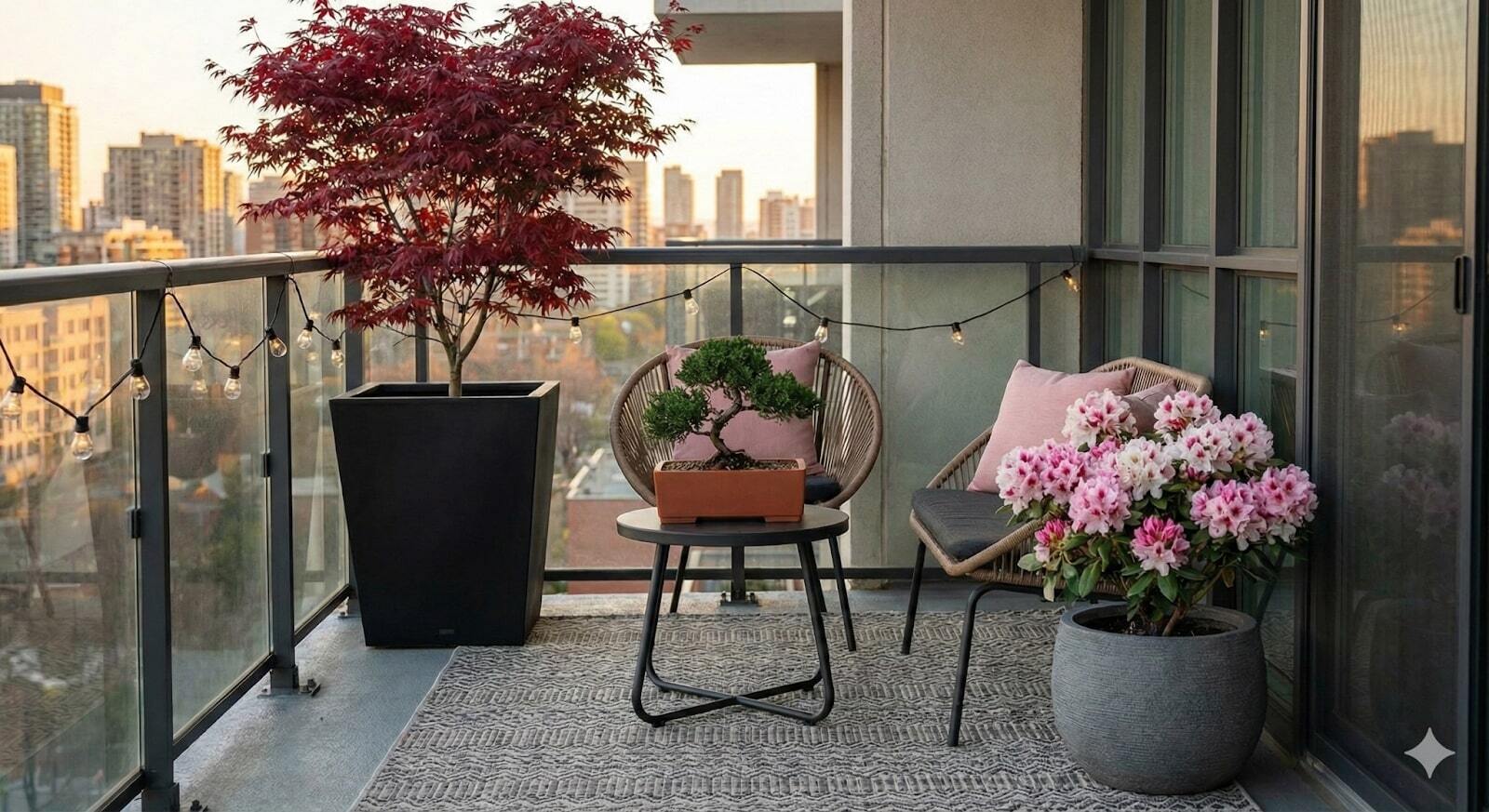 Stylish balcony featuring a red Japanese Maple in a square black fiberglass planter, paired with white modern pots and outdoor seating.