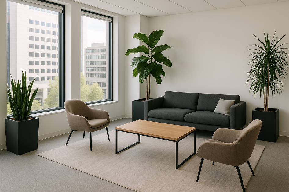 Modern office lounge with a dark gray sofa, two beige chairs, and tall green planters placed by large windows and along a white wall.