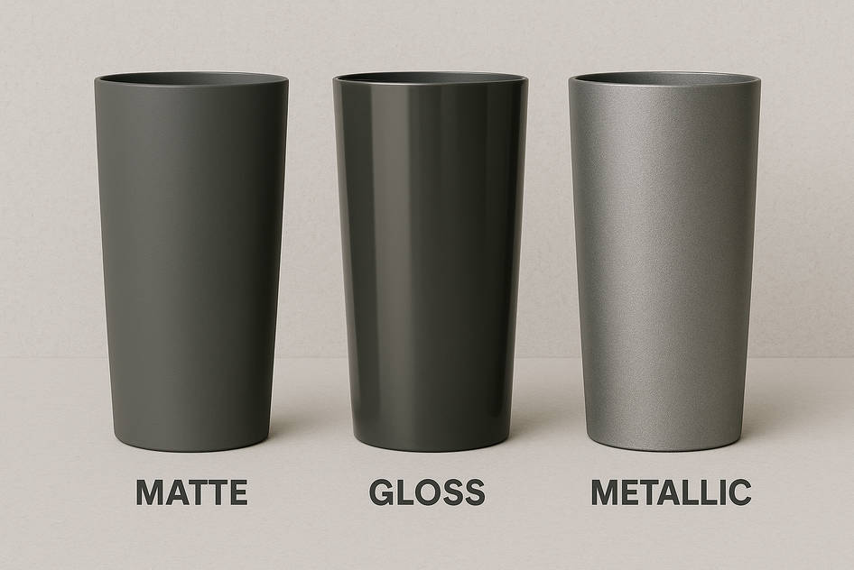 Three tall planters side by side labeled matte, gloss, and metallic to show finish differences.