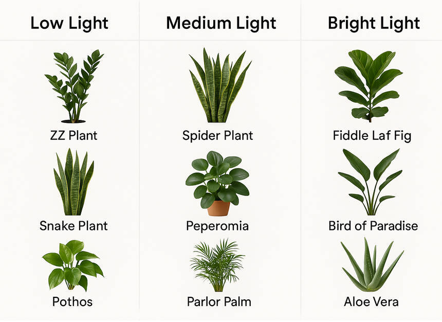 Plant chart with three columns labeled Low Light, Medium Light, and Bright Light, each showing three matching indoor plants with names.