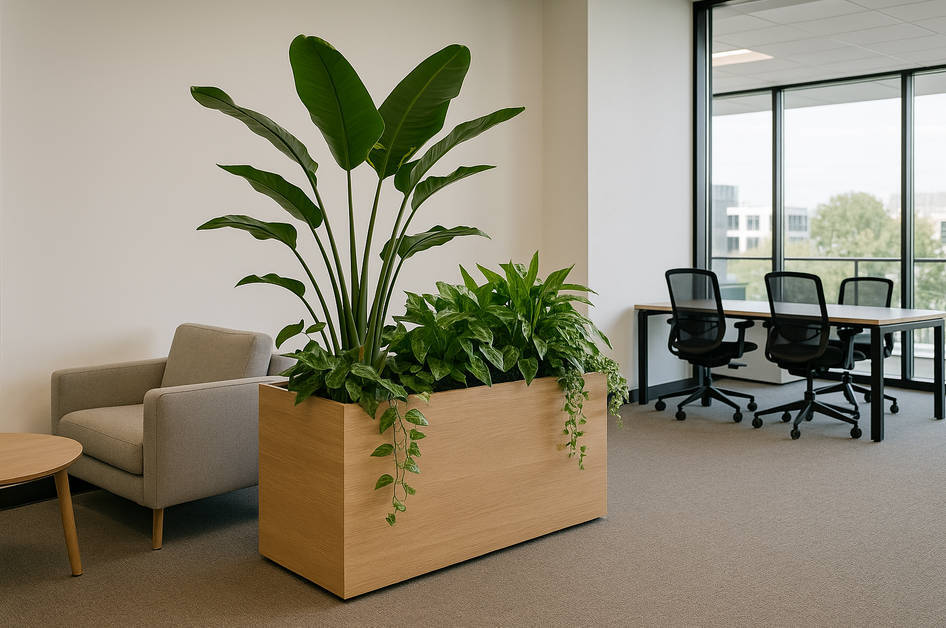 Modern office with a wooden planter beside a lounge chair and large windows, adding greenery and warmth to the space