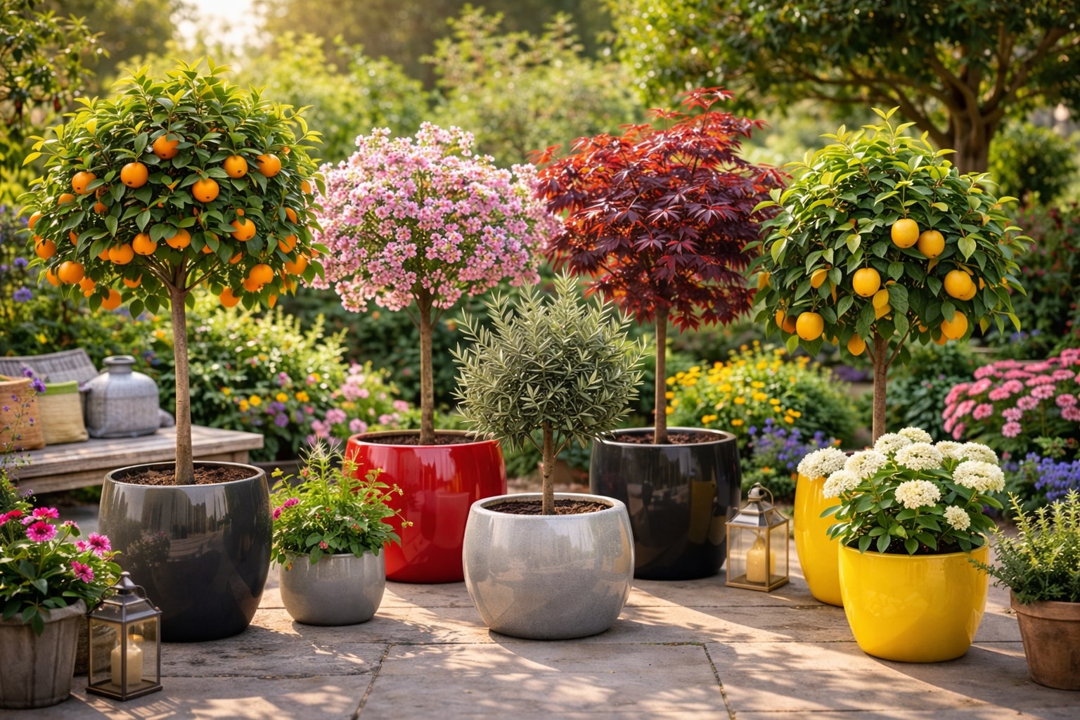 Colorful fiberglass pots with fruit and flowering trees in a sunny garden setting.