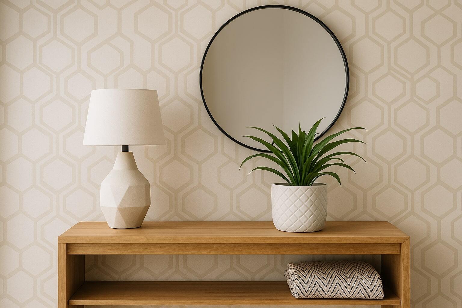 Console table with a round mirror, geometric wallpaper, a sculptural lamp, and a textured white planter.