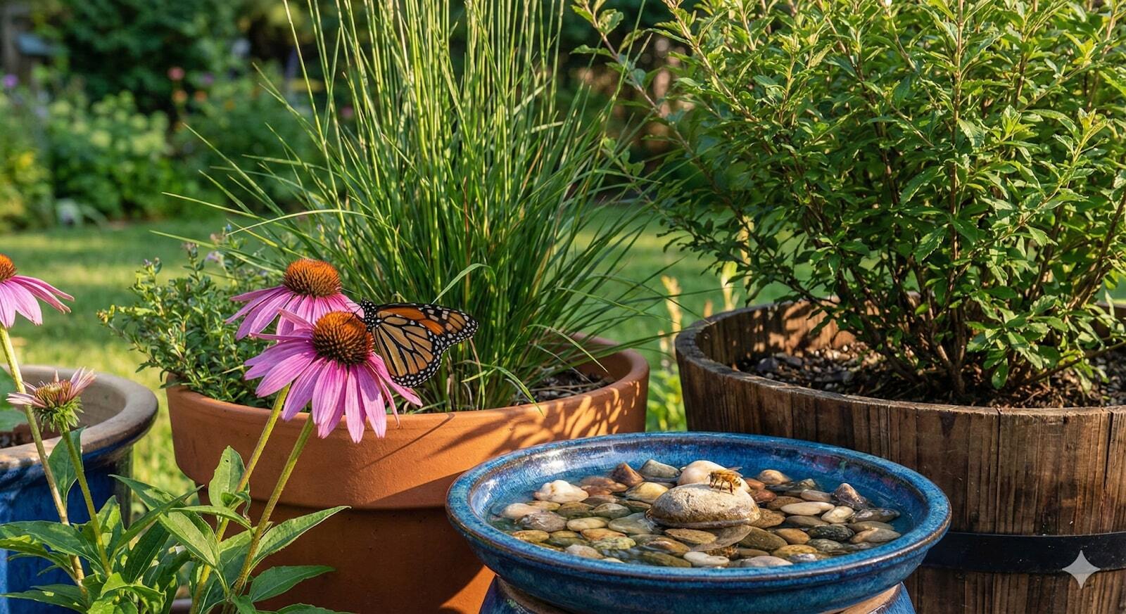 Container garden scene featuring birds at a birdbath, a butterfly on a coneflower, and bees.