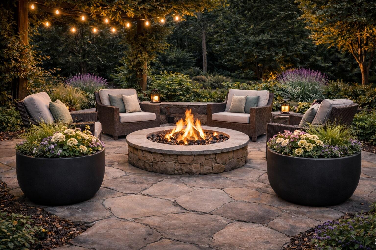 Cozy patio with a stone fire pit surrounded by wicker chairs and tall round black fiberglass planters filled with flowers and grasses.