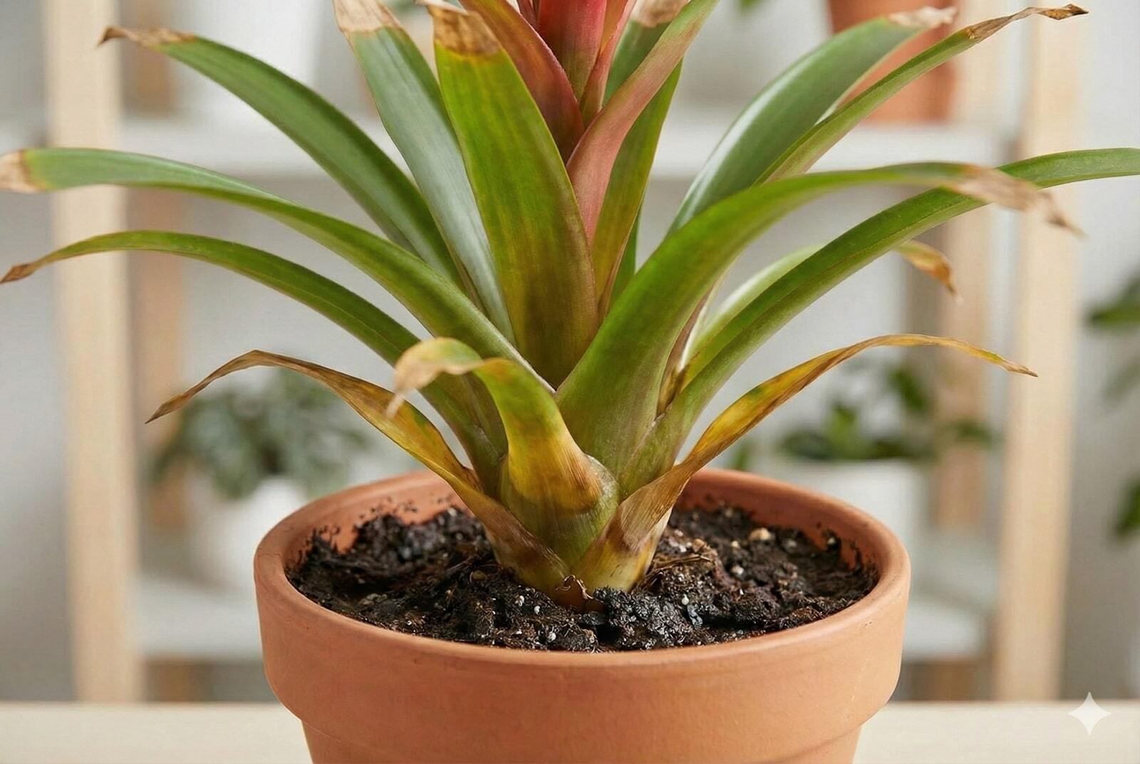 A distressed bromeliad plant in a pot, showing yellowing lower leaves and brown, crispy leaf tips indicating care issues.