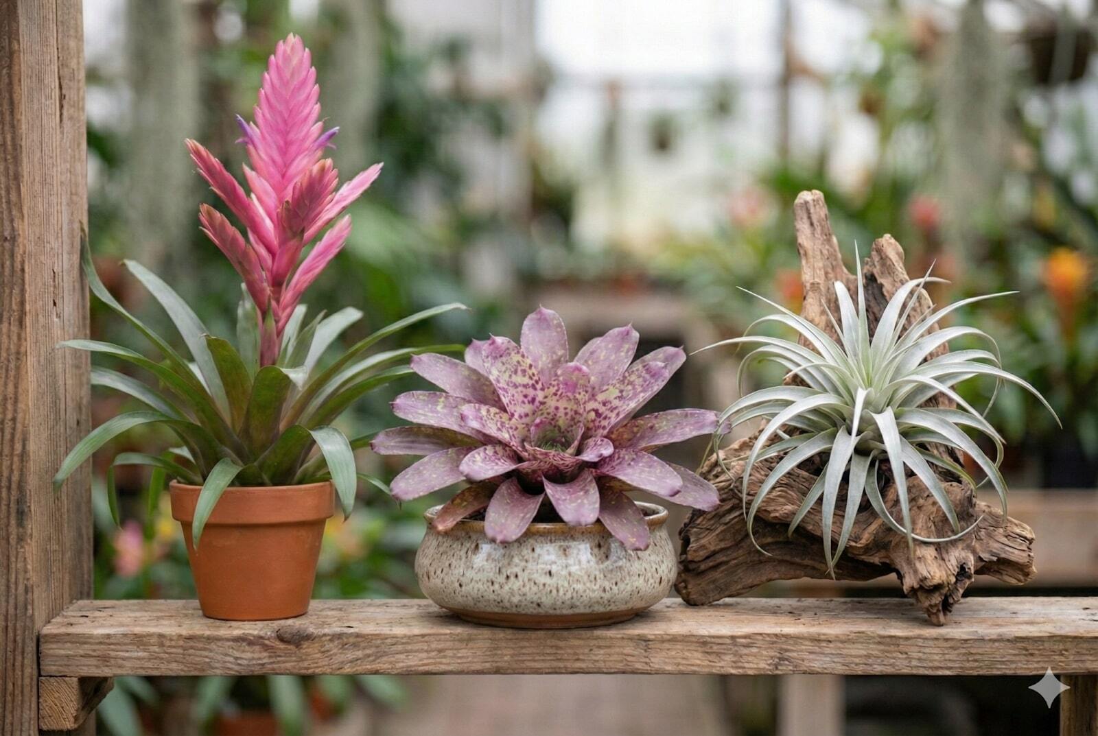 Diverse collection of bromeliads displayed in planters and mounted on driftwood.