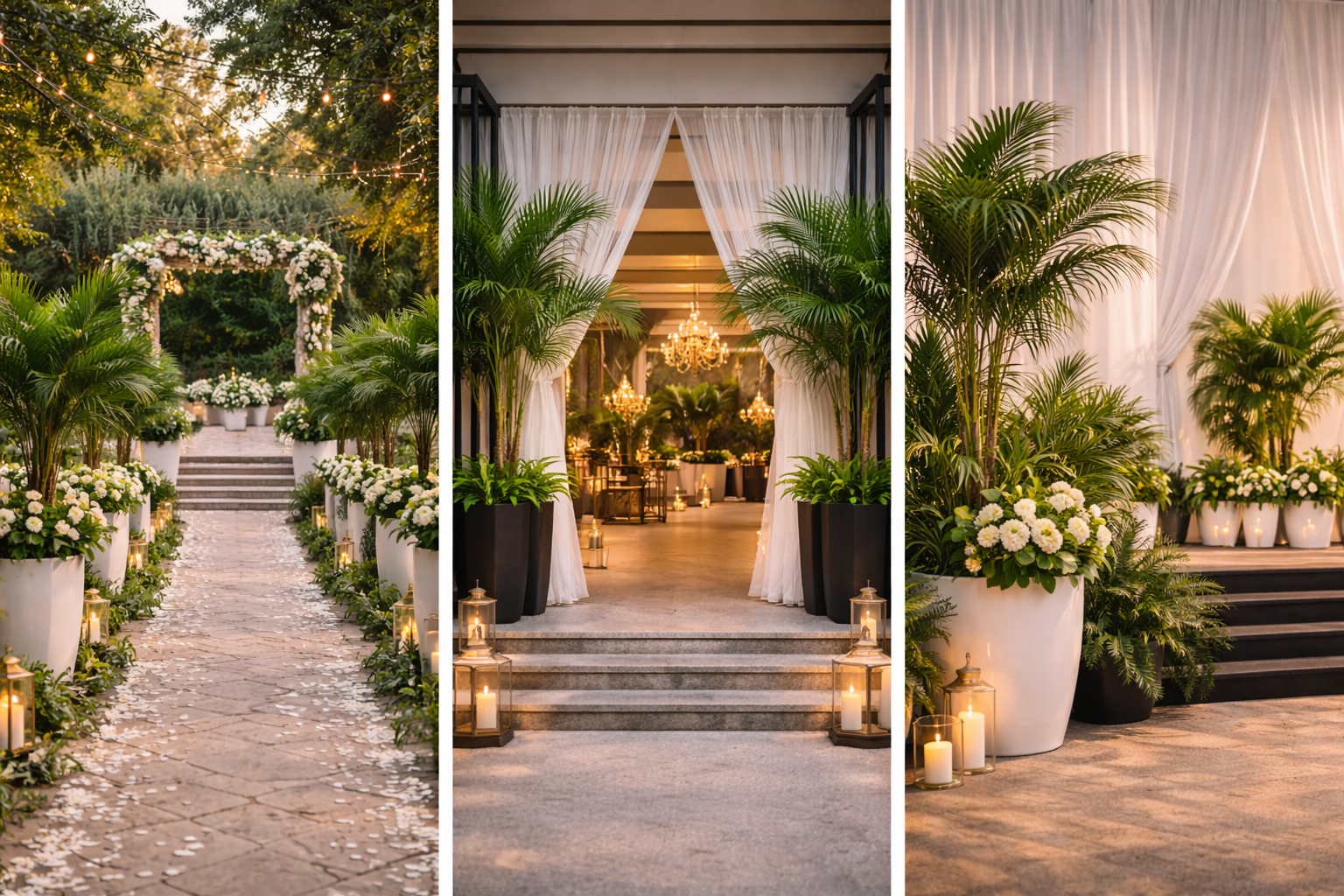 Elegant event spaces featuring palm-lined aisle, grand entrance with tall planters, and a stage framed by greenery.