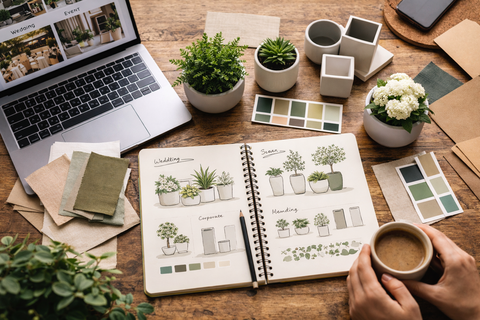 Flat lay of event planning materials with plant sketches, fabric swatches, and a laptop on a wooden table