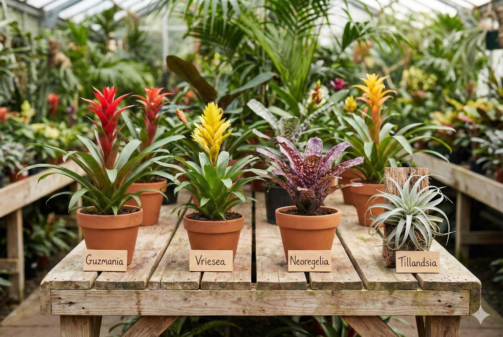 Four bromeliad varieties, Guzmania, Vriesea, Neoregelia, and Tillandsia, displayed in pots on a wooden table.