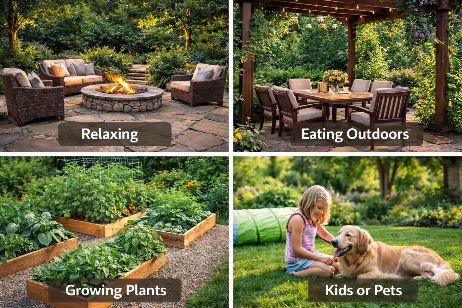 Four garden spaces showing uses for relaxing, eating outdoors, growing plants, and kids or pets, each with labeled scenes.