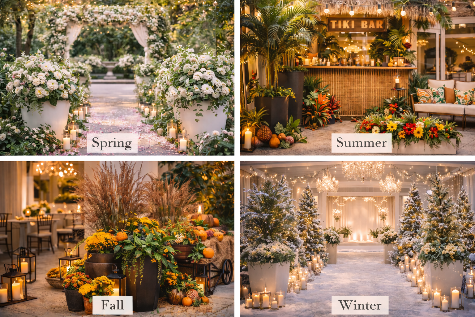 Four seasonal event setups: Spring with floral arches, Summer with a tropical tiki bar, Fall with pumpkins and mums, and Winter with snowy trees and a candlelit aisle.