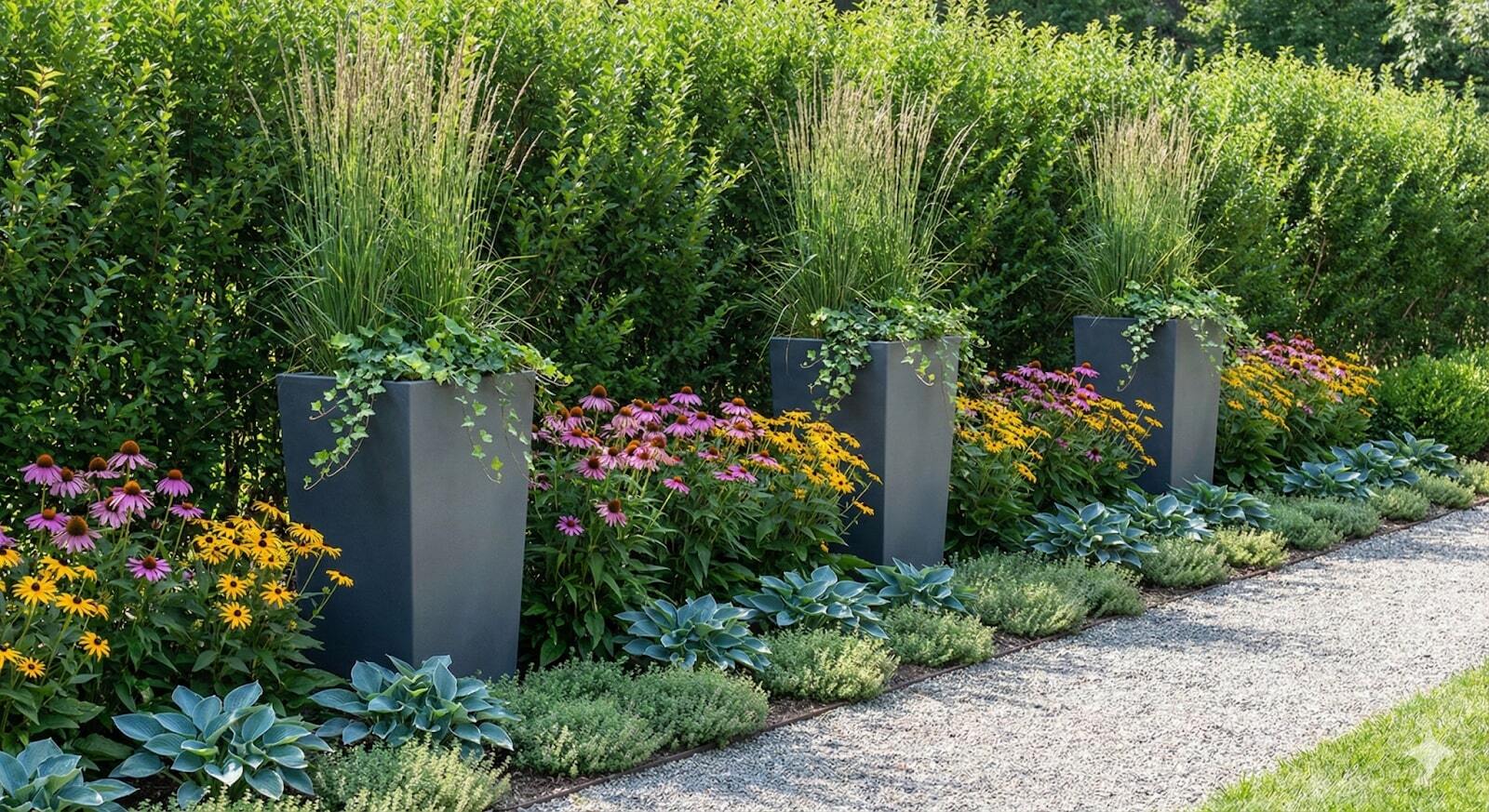 Layered garden border with tall grey planters, colorful perennials, and groundcovers beside a gravel path.