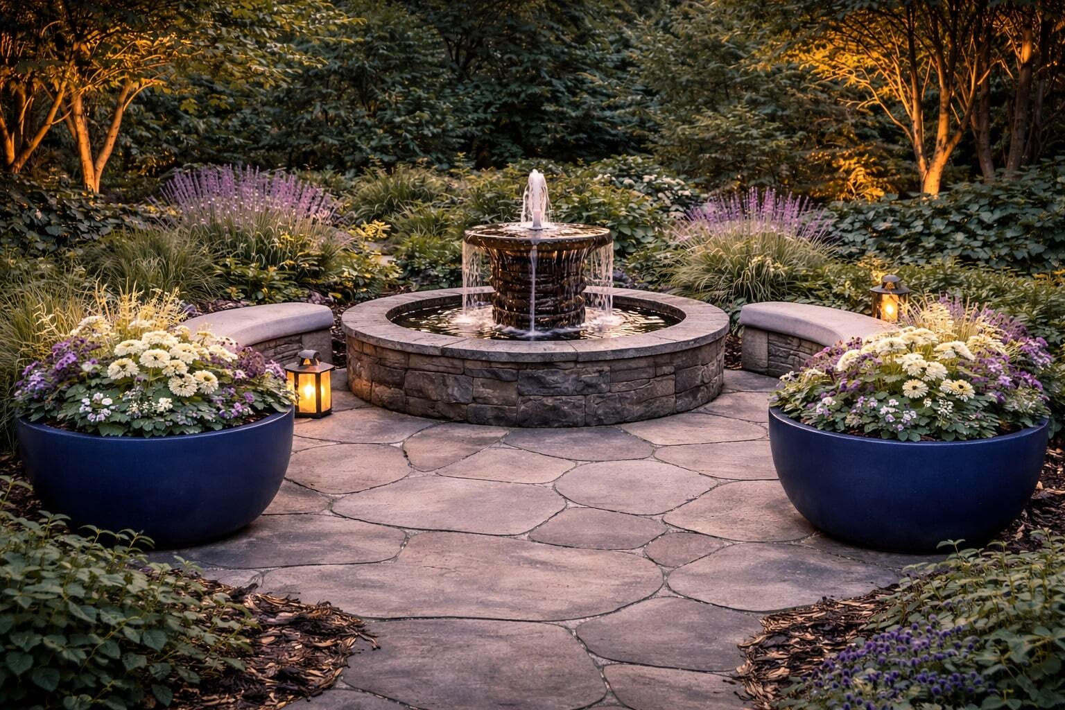 Peaceful garden corner with a stone fountain, curved stone benches, and blue round tapered planters filled with flowers and greenery.