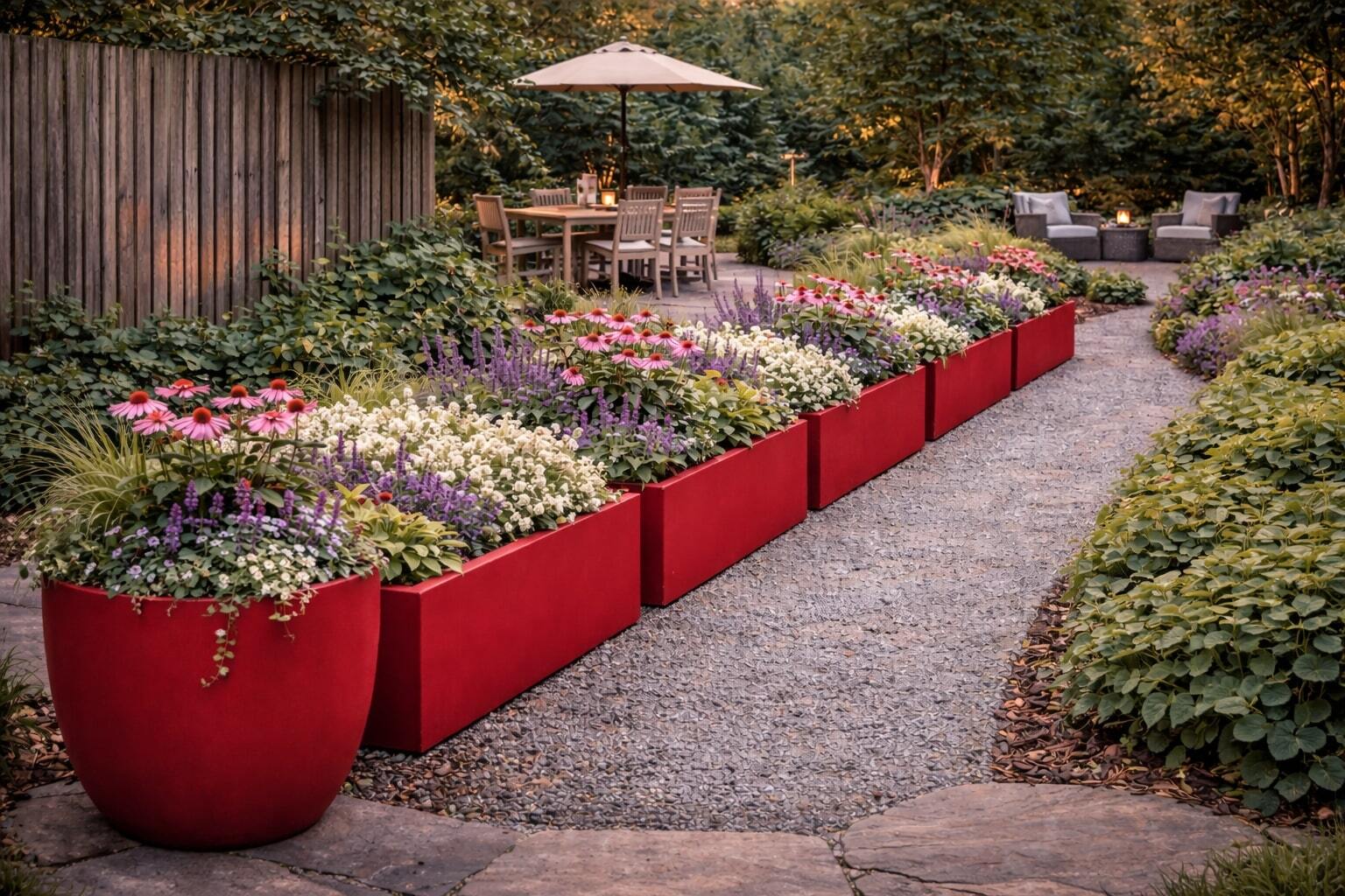 Garden path lined with red rectangular planters filled with pink, purple, and white flowers, leading to a wooden dining area and lounge seating.