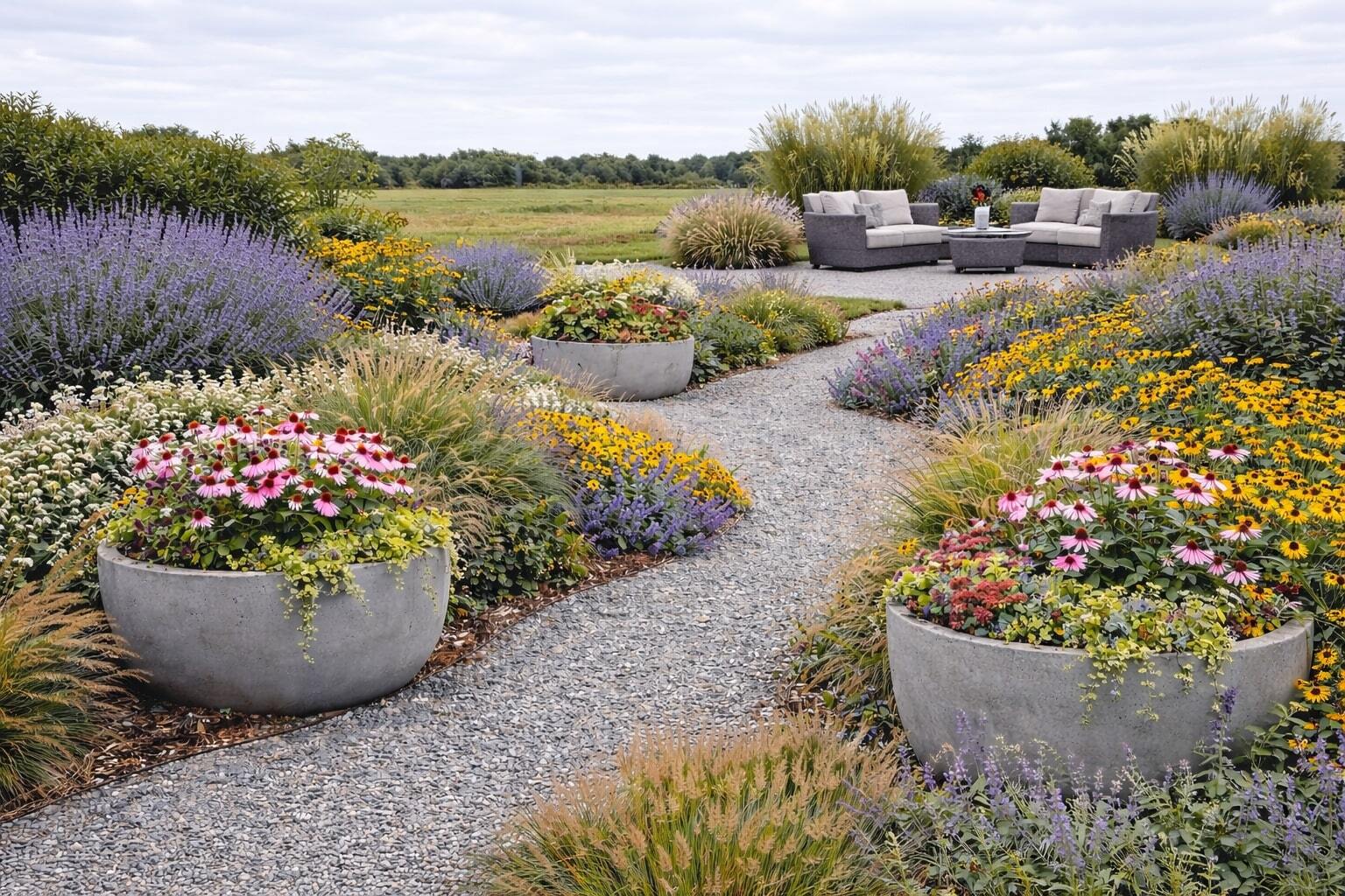 Gravel garden path lined with colorful flowers and concrete planters, leading to an outdoor seating area with cushioned wicker sofas and a central table, set in an open landscape.