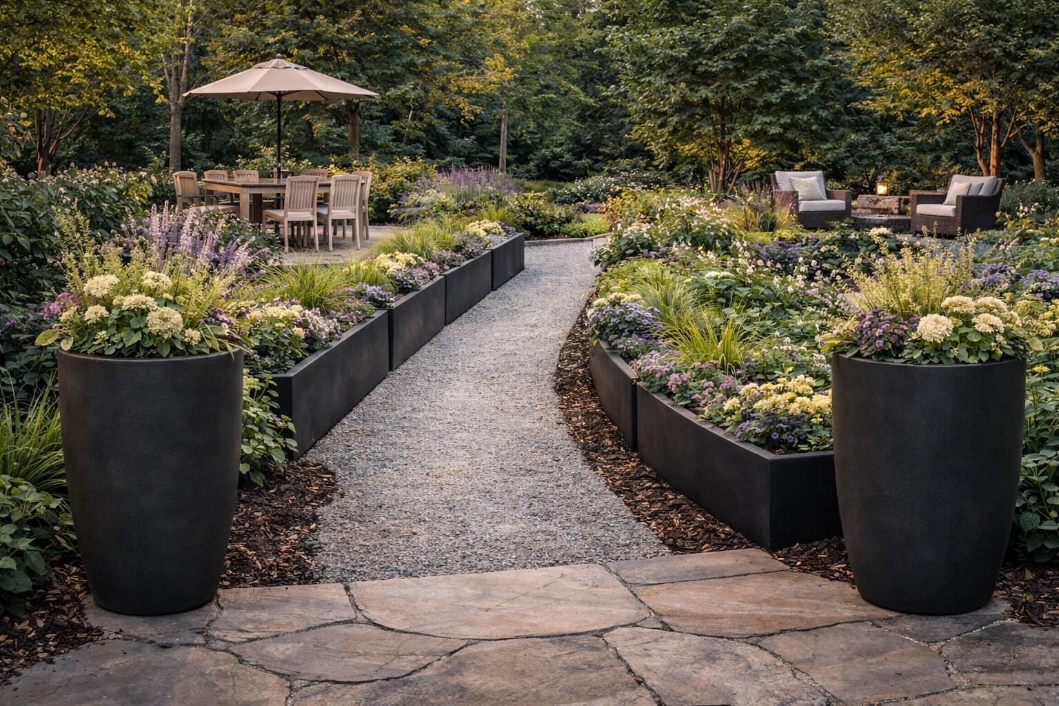 Gravel garden path lined with long black fiberglass planters and tall round planters at the entrance, leading to dining and seating areas surrounded by flowering plants.