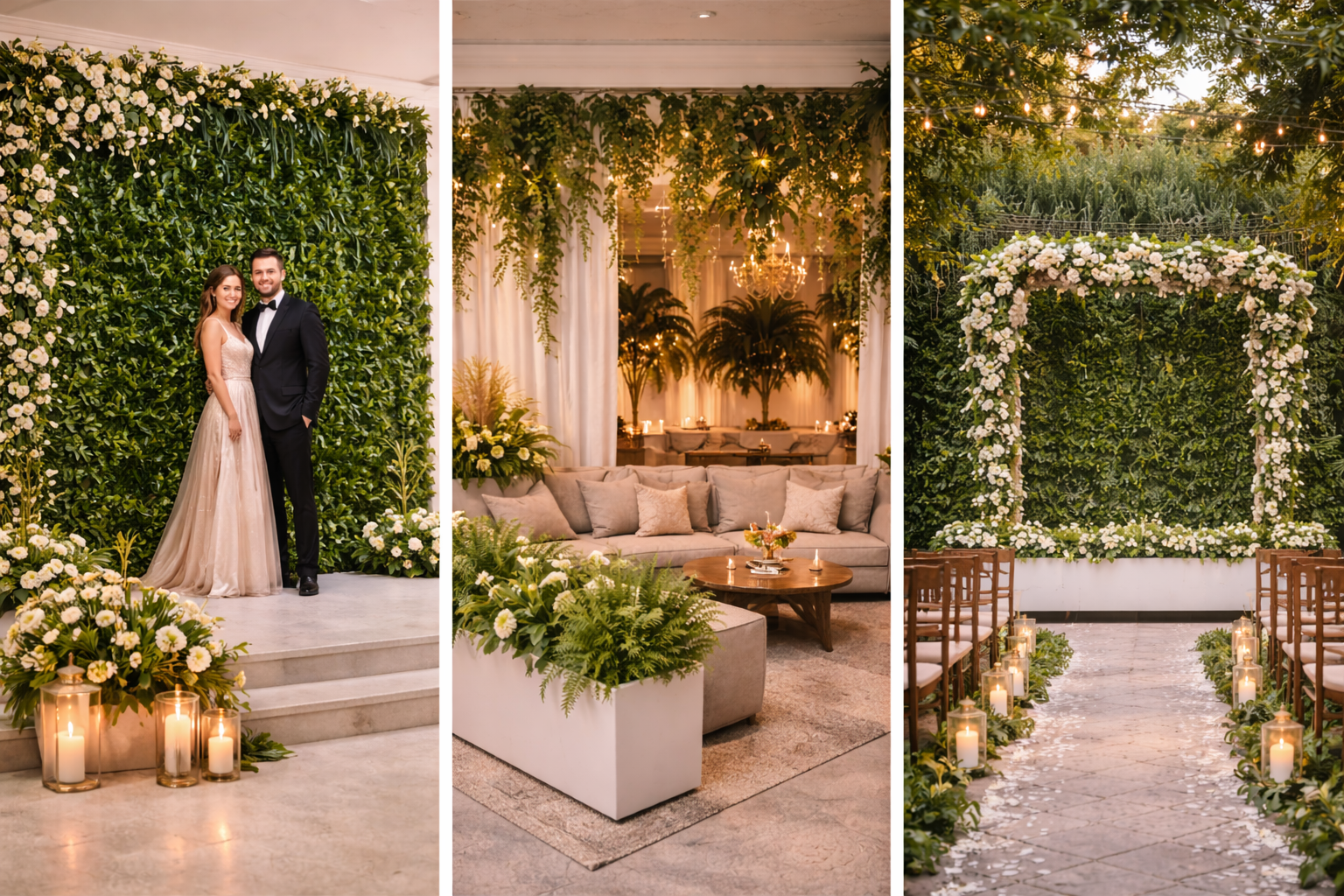 Greenery photo backdrops with floral accents, including a living wall, hanging plants above a lounge, and an outdoor arch framed by greenery.