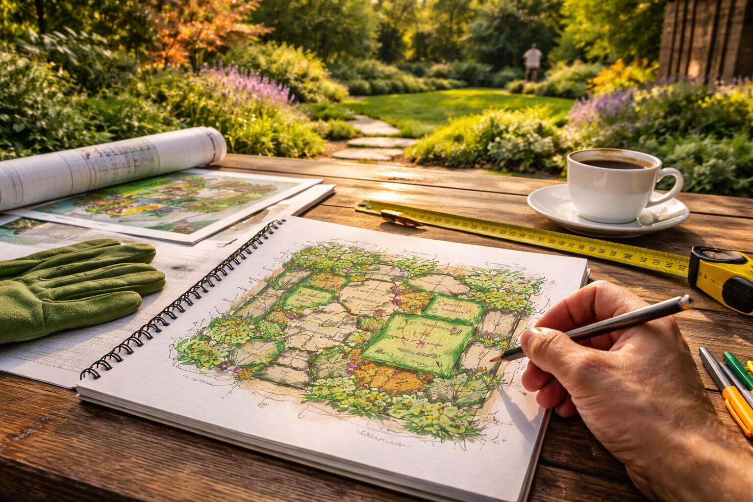 Hand drawing a garden layout in a sketchbook on a wooden table with planning tools and a garden view in the background