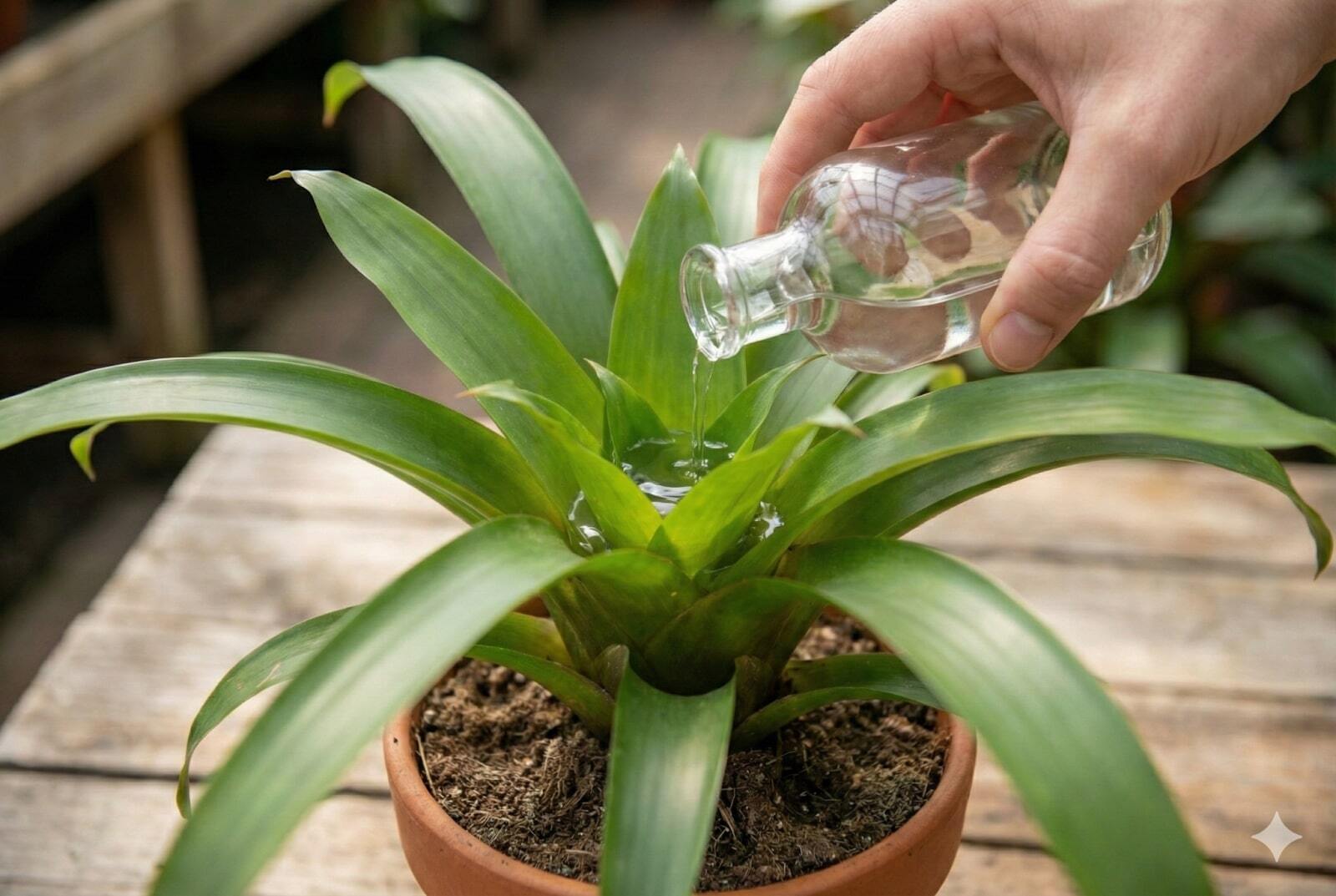 Hand pouring water into the central cup of a bromeliad plant to show proper watering.