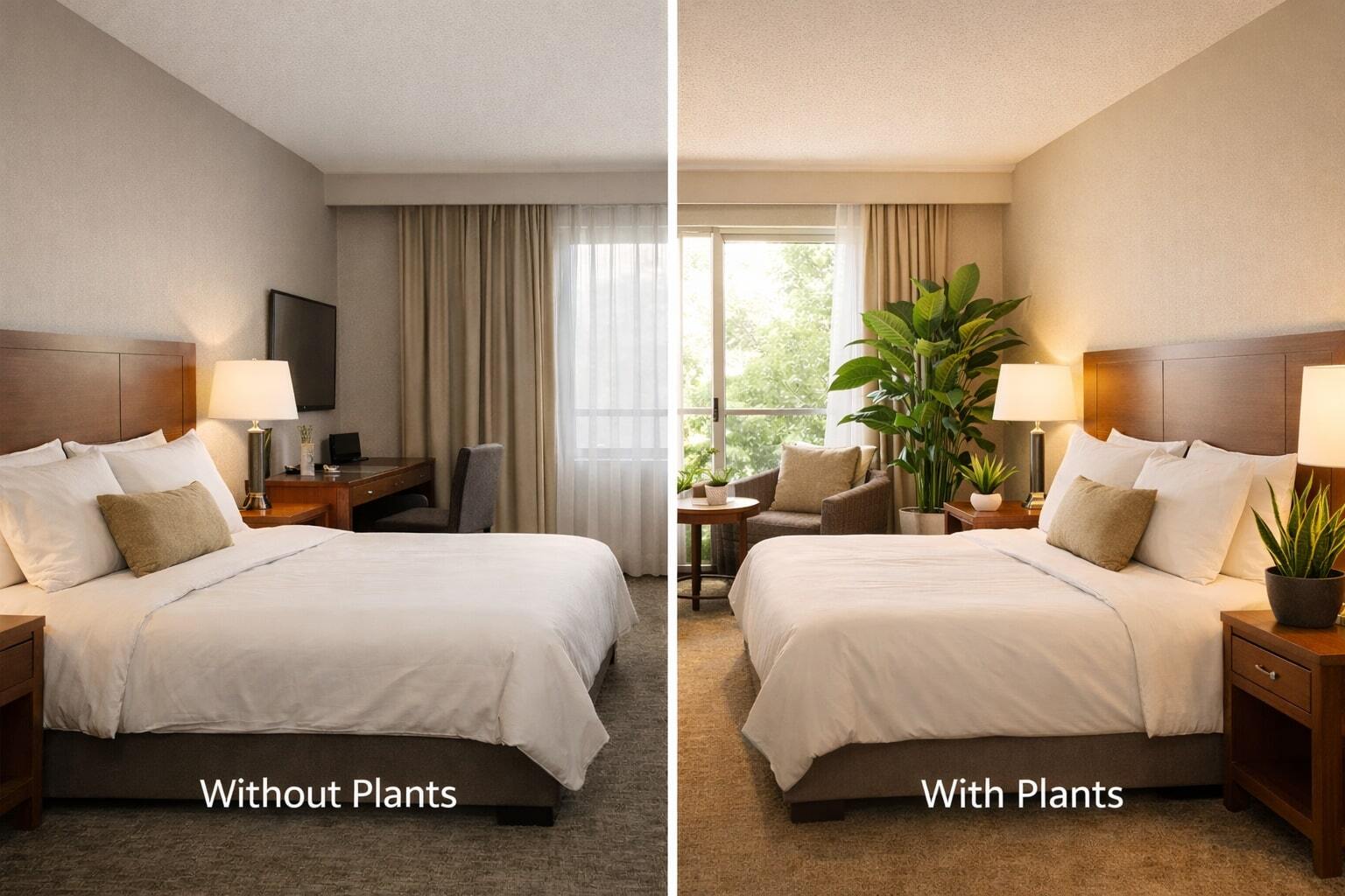 Hotel room comparison showing a space without plants versus the same room styled with indoor plants for a fresher feel.