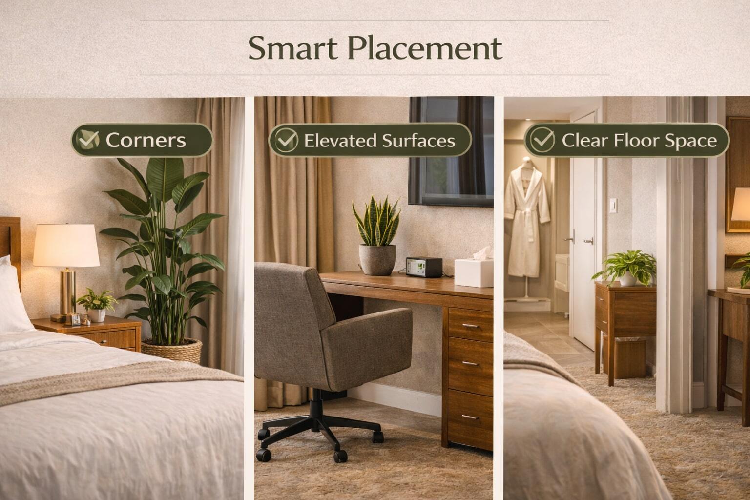 Hotel room plant placement showing corner, desk, and clear walkway positioning.