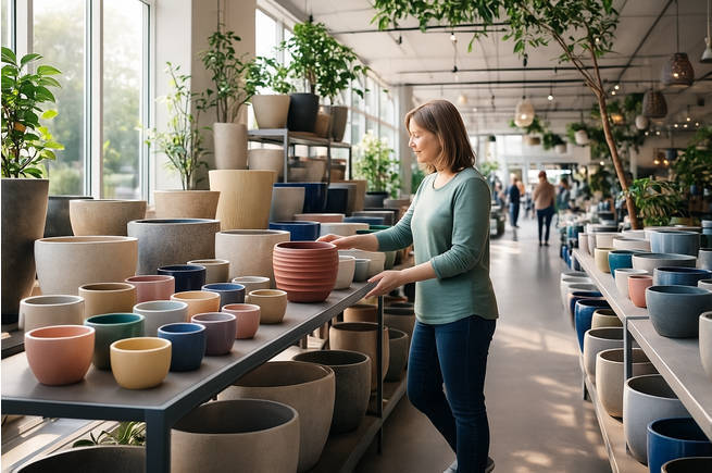 Woman browsing a shelf of colorful ceramic pots in a planter shop, inspecting a terracotta pot up close.