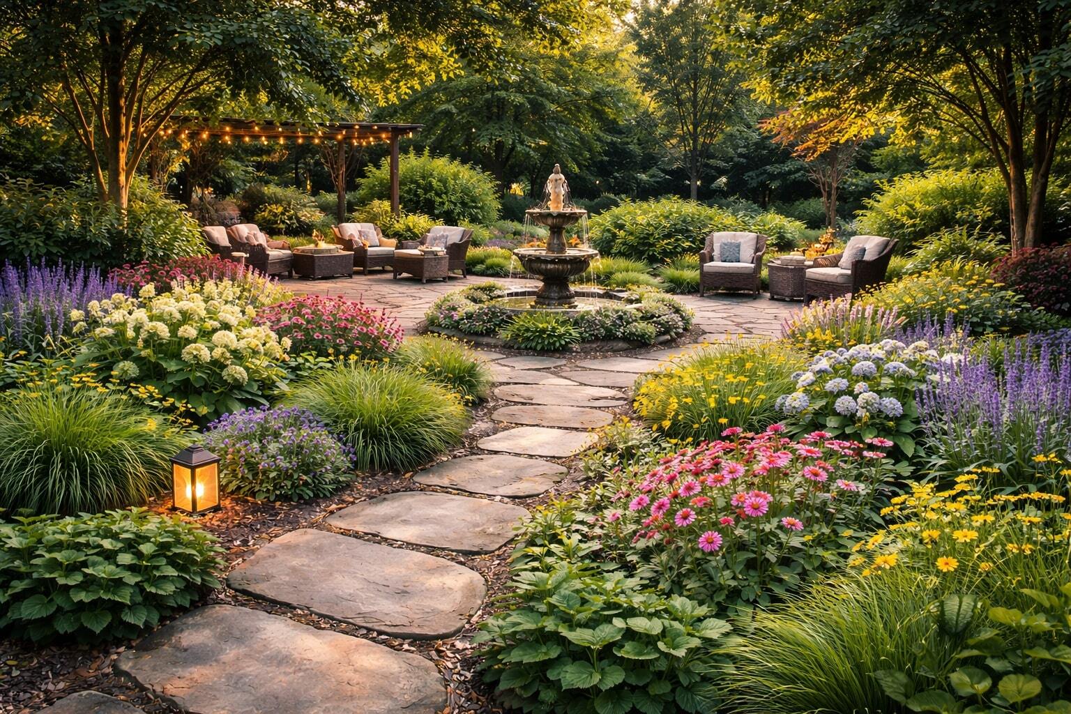 Inviting garden with winding stone path, central fountain, and seating area surrounded by colorful flowers and greenery