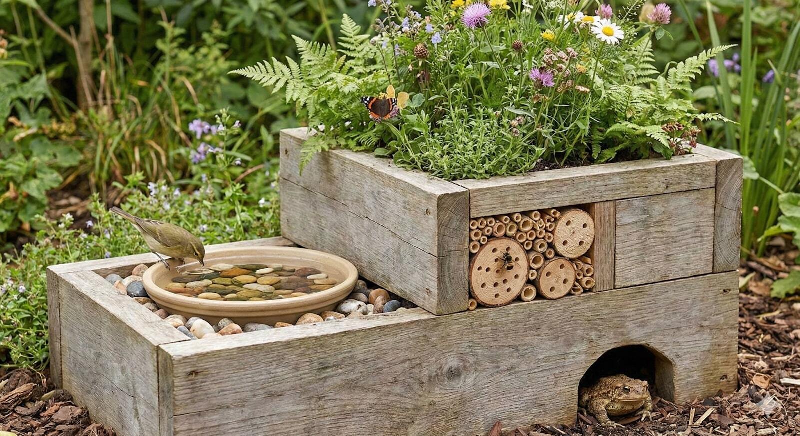 Tiered grouping of large and small planters arranged to create a dense, multi-level wildlife habitat.