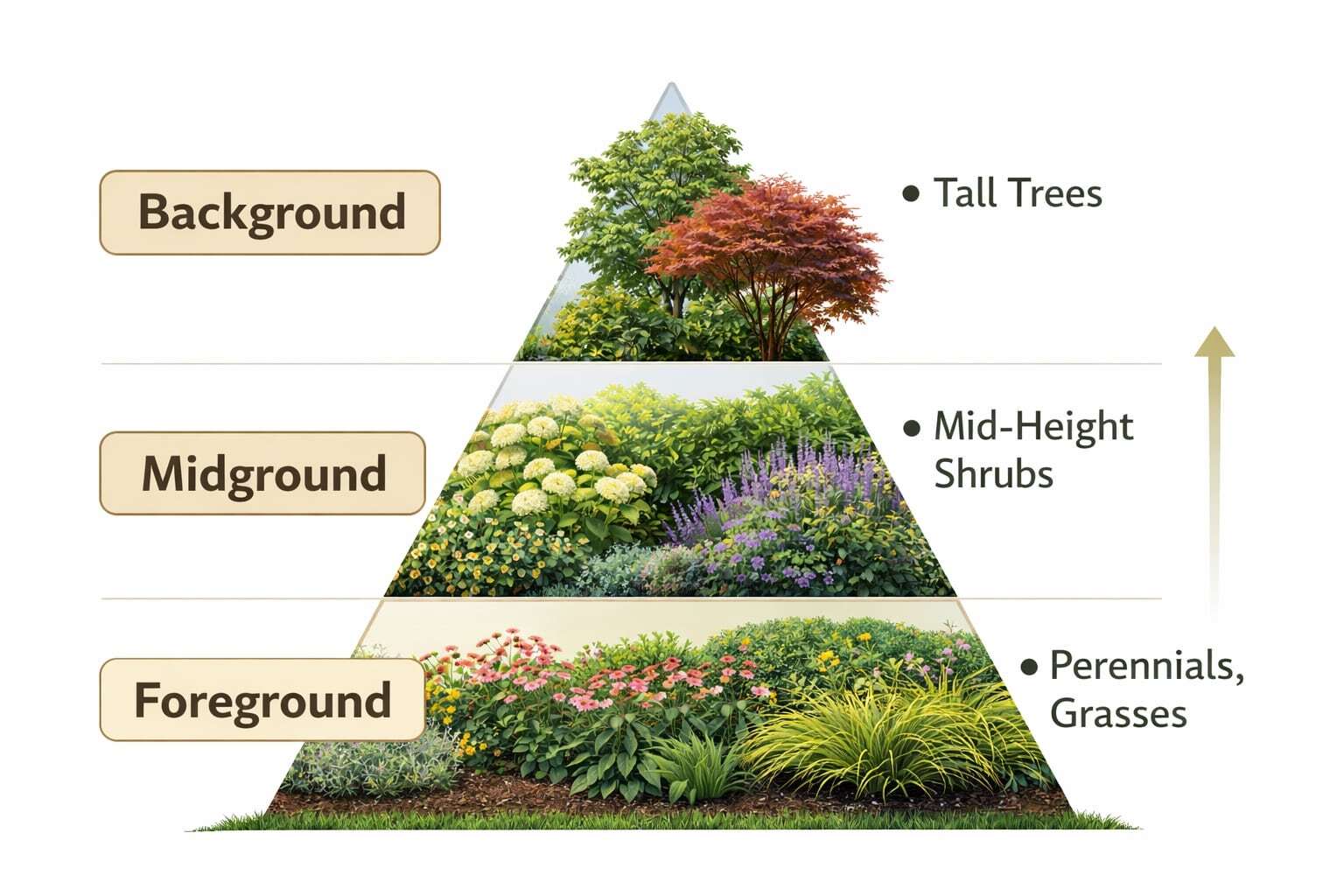 Layered planting pyramid diagram showing foreground perennials, midground shrubs, and background trees in a garden layout