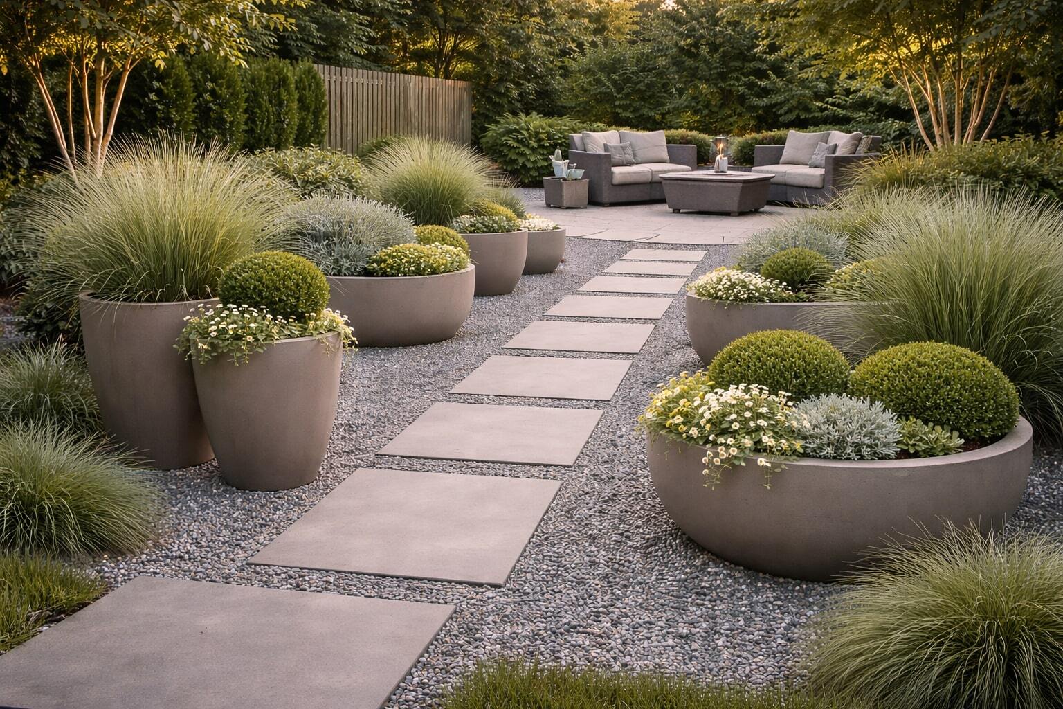 Low-maintenance garden with taupe fiberglass planters filled with grasses and shrubs, lining a gravel path that leads to a cozy seating area with cushioned sofas and a fire pit.