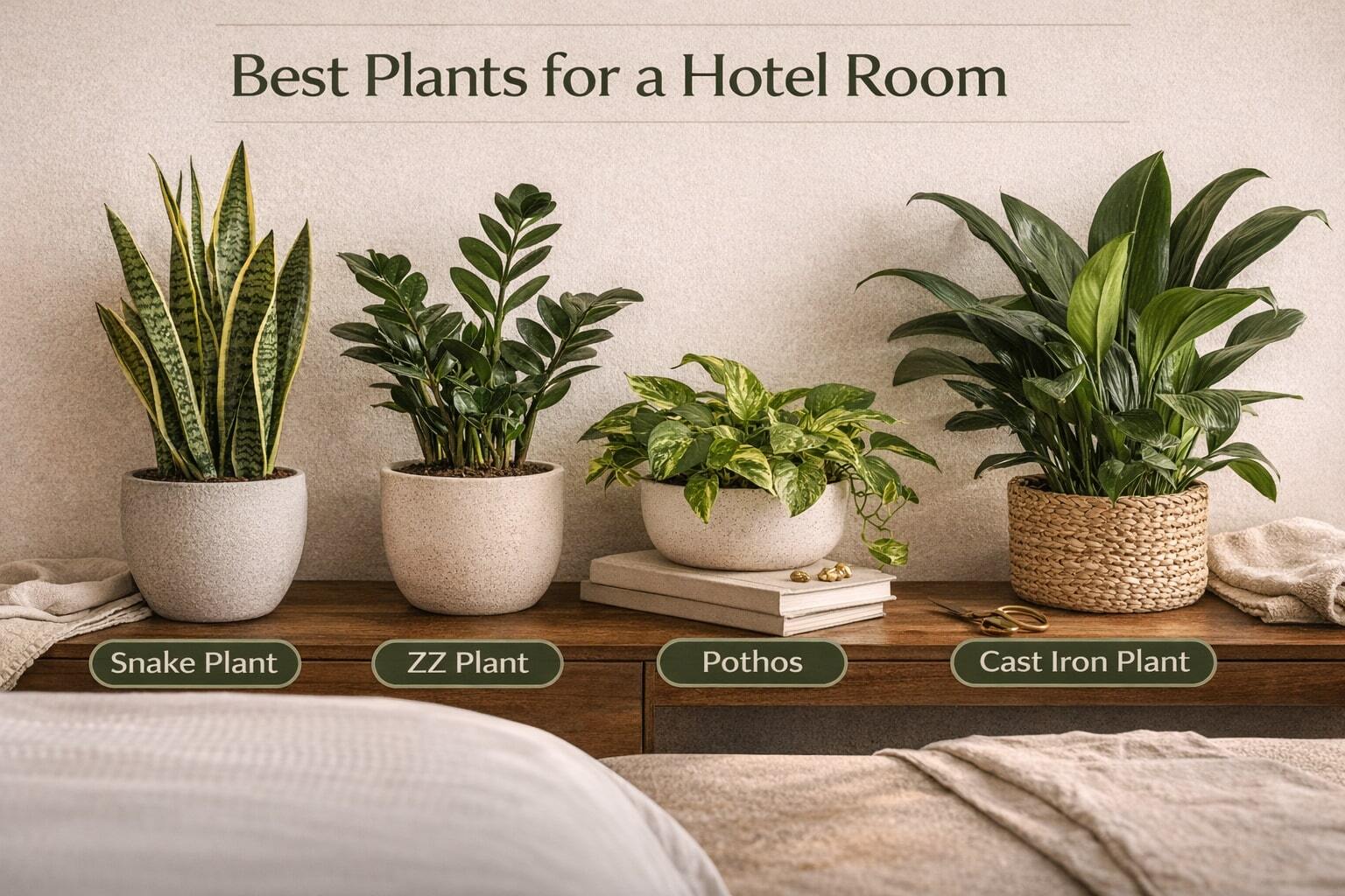 Low-maintenance indoor plants ideal for hotel rooms, including snake plant, ZZ plant, pothos, and cast iron plant.