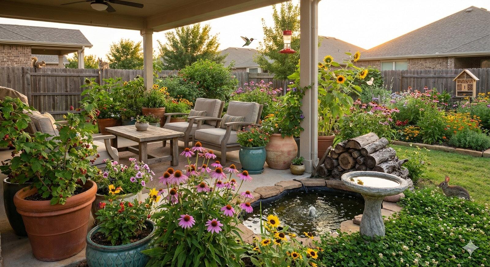 Lush backyard seating area surrounded by flowering planters that are actively attracting birds, bees, and butterflies.