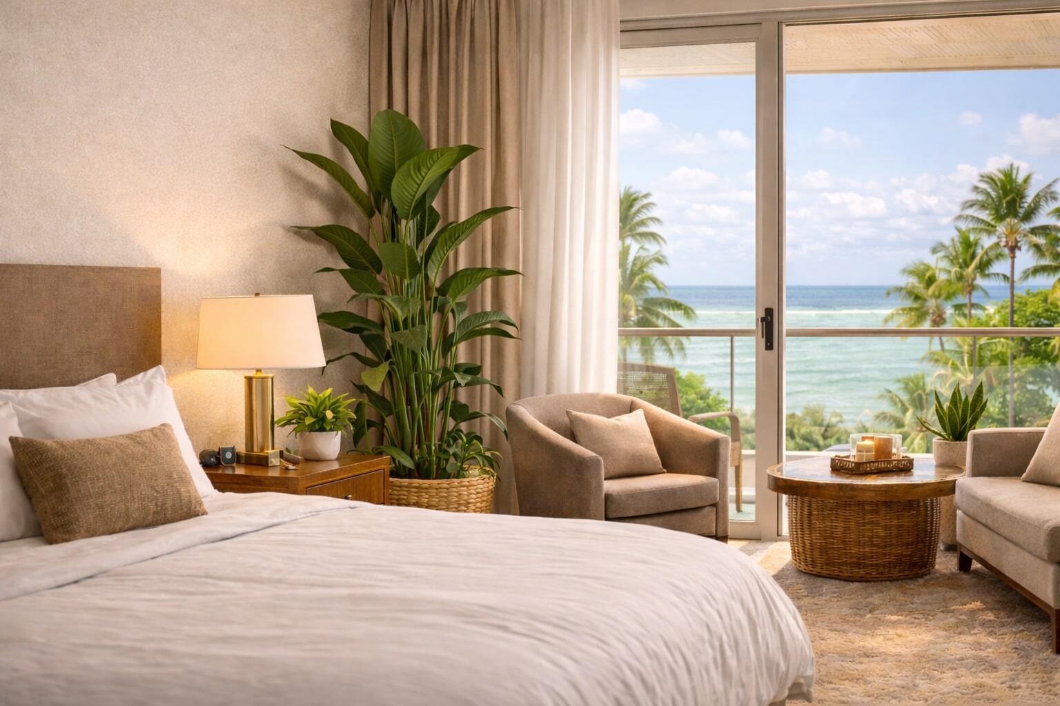 Luxury hotel room with ocean view, natural light, and indoor plants.