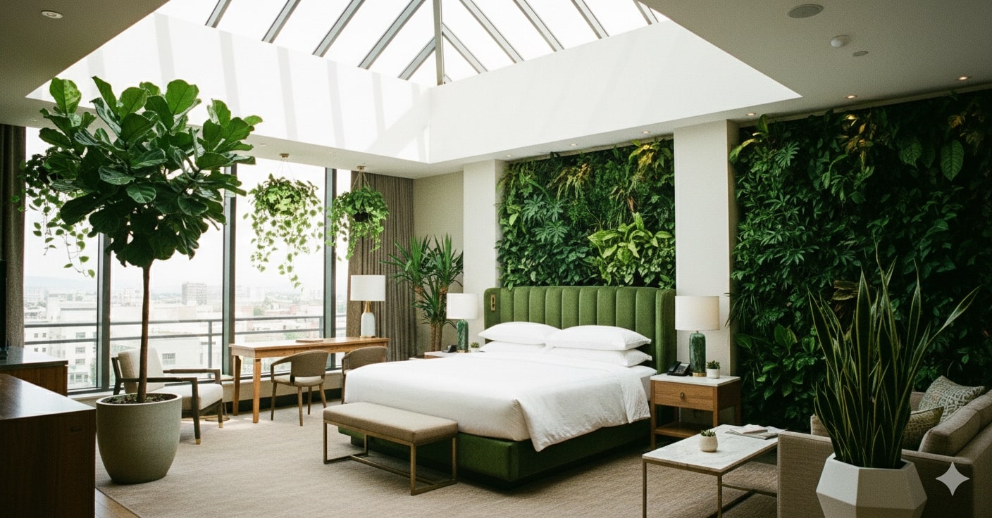 Luxury hotel room featuring lush indoor plants and biophilic design.